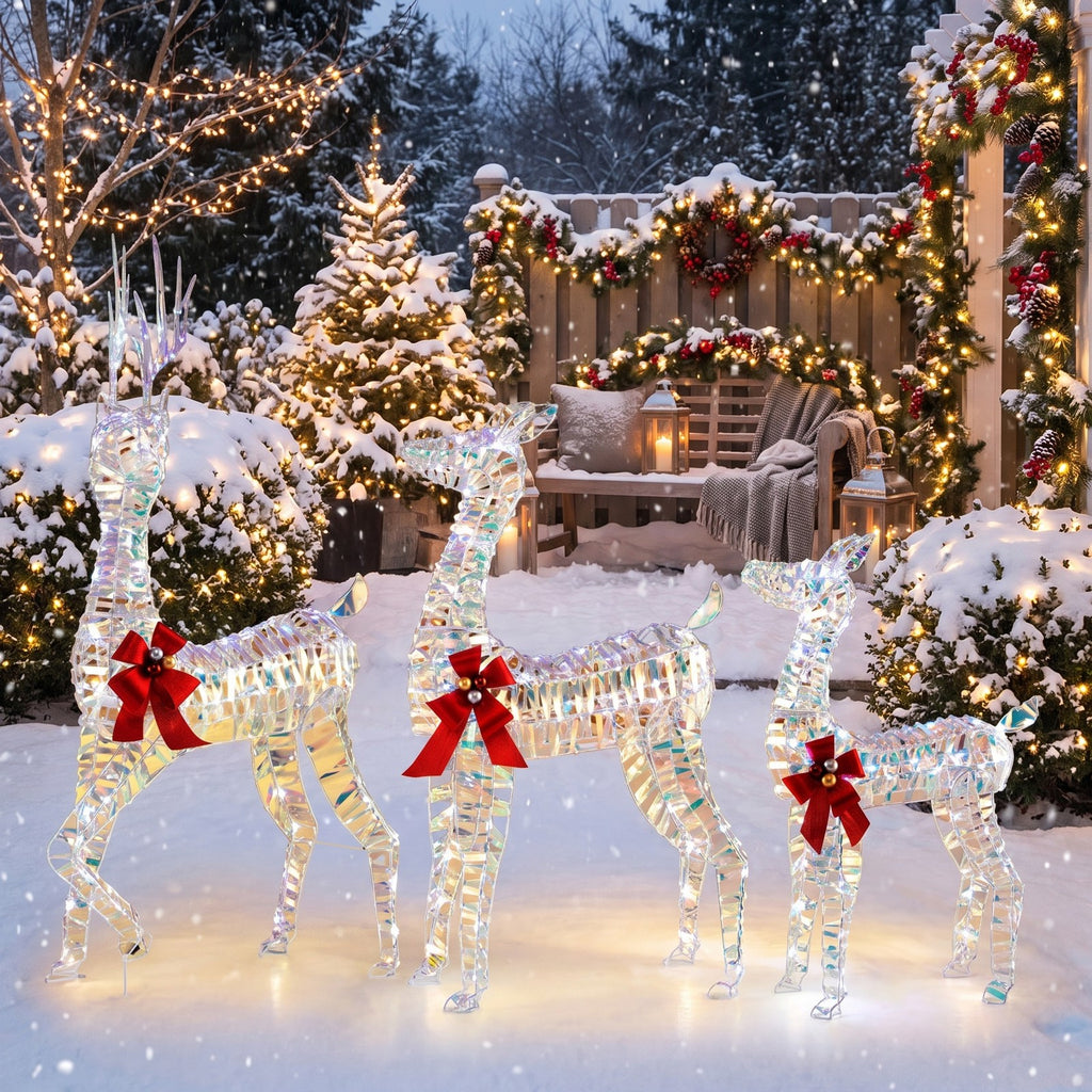 Airfind Christmas Reindeer Family Set of 3 Featuring 230 Cold White LED Lights, Metal Frames and Ground Stakes for Lawn and Garden, White