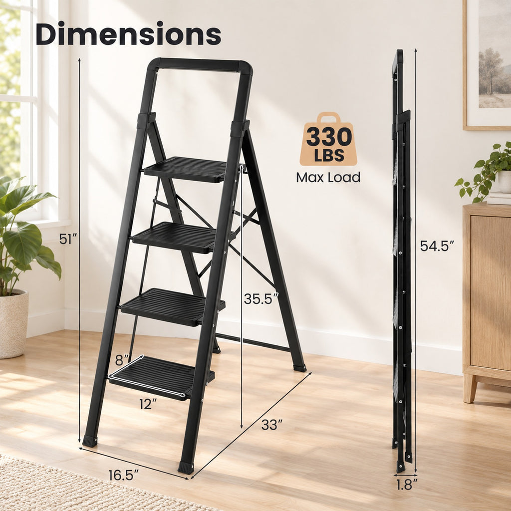 Airfind 4 Step Black Folding Step Stool with Wide Anti, 330 lbs Capacity, Metal PE Frame, Black, Overall Dimensions 2-Step 16.5 x 20 x