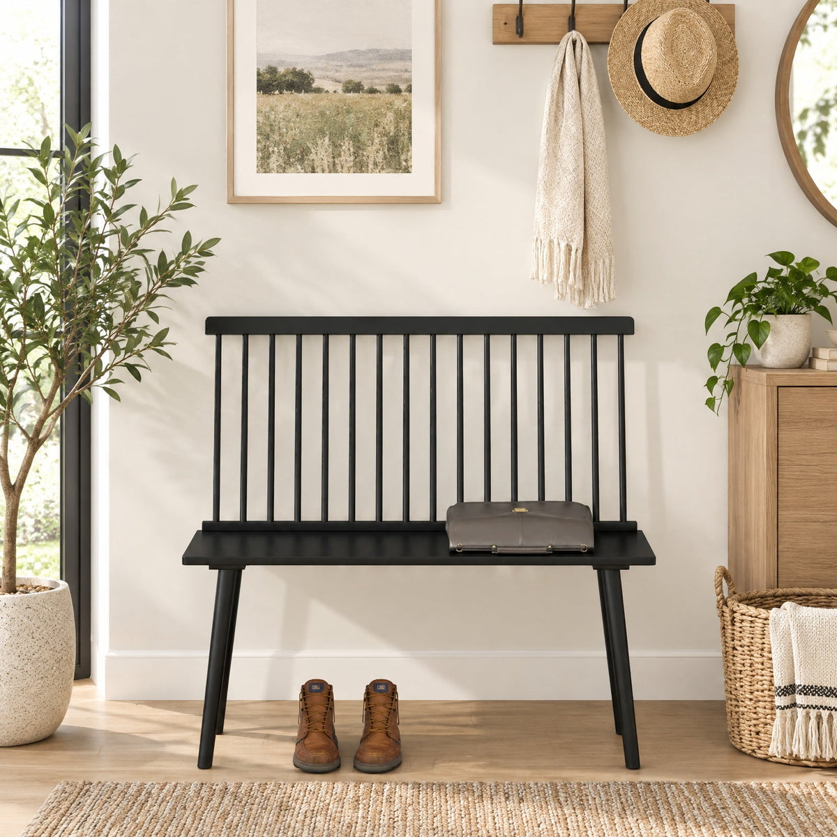 Airfind Entryway Bench, for 2 with Spindle Back for Kitchen Dining Room Hallway, 440 lbs Capacity, Rubber Wood Frame, 39 Inch x 18.5 Inch x 36.5 Inch, Black