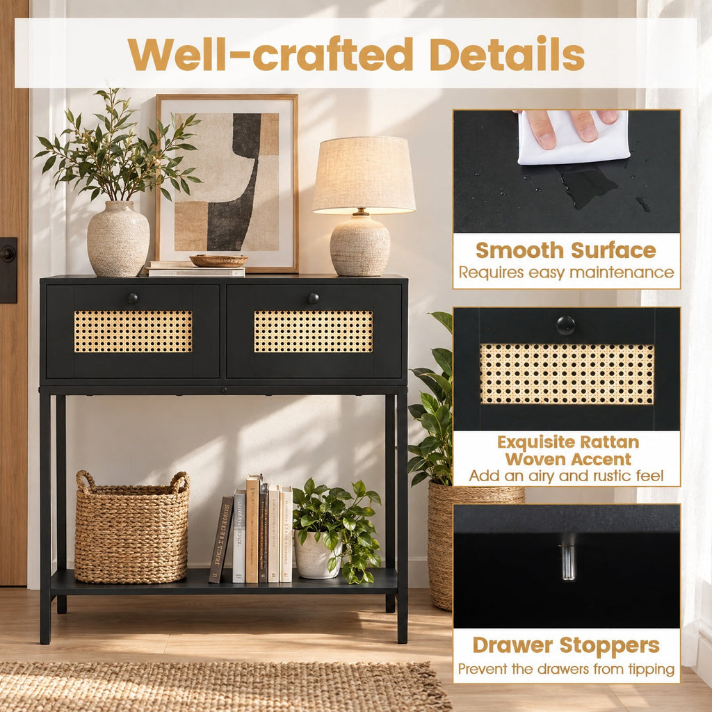 Airfind Rattan Console Table Boho Entryway Table with 2 Rattan Drawers and Open Storage Shelf, 88 lbs Capacity, Black