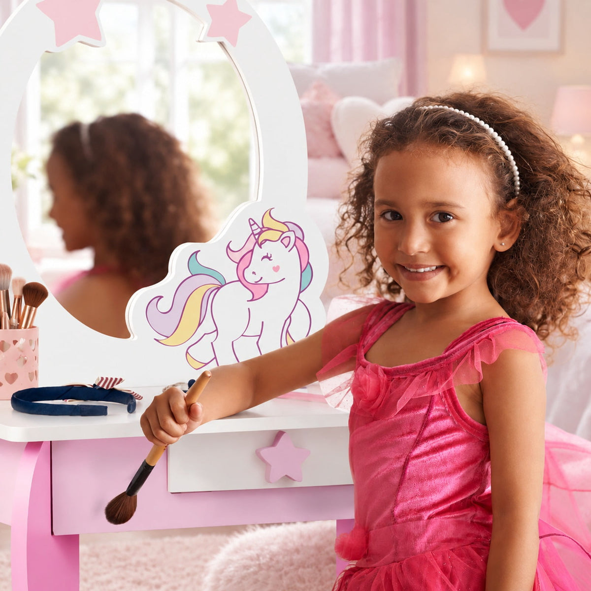 Airfind Kids Wooden Makeup Dressing Table and Chair Set with Mirror and Drawer, MDF Frame, 19 Inch x 14 Inch x 35 Inch Footprint, Pink