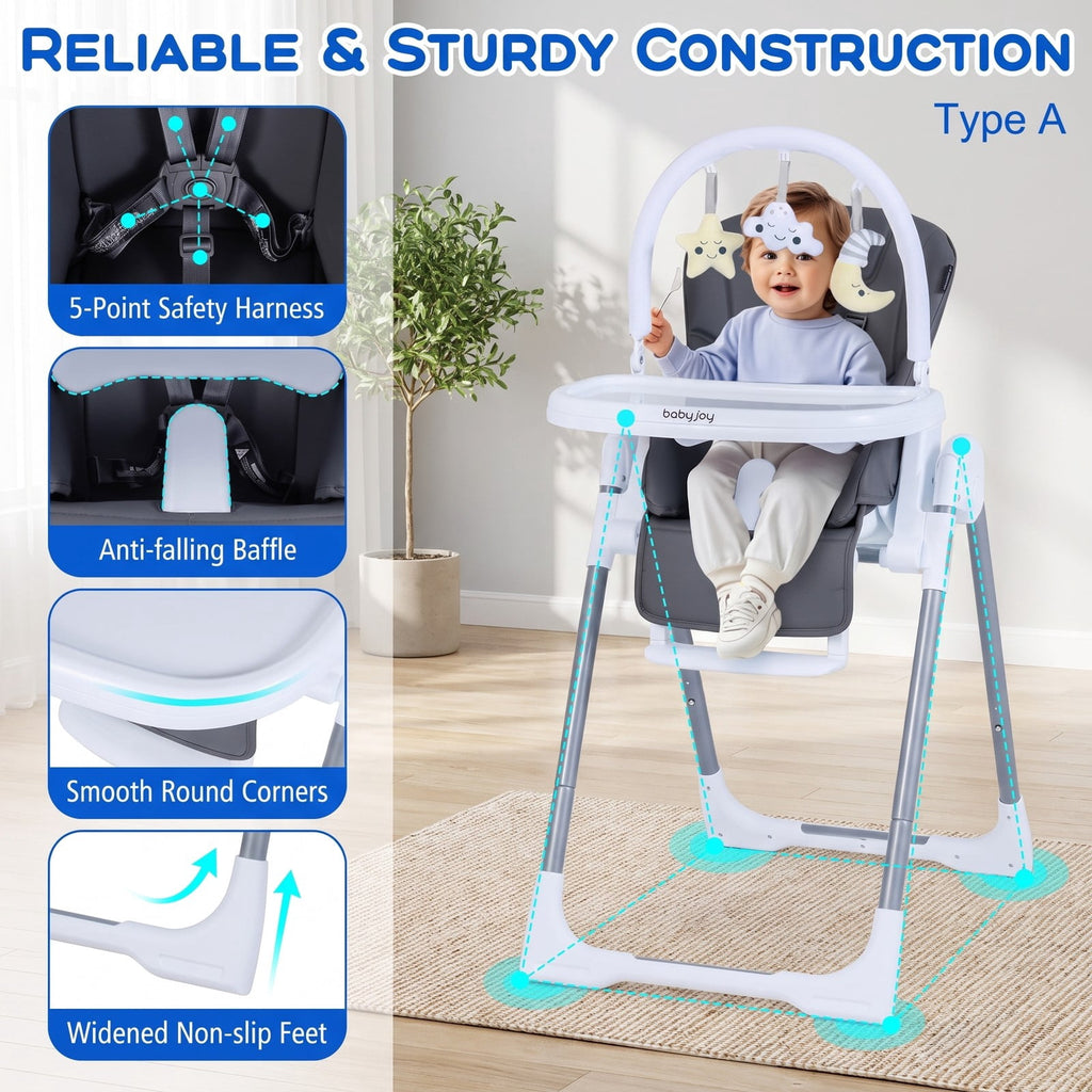 Airfind Foldable Baby High Chair with Adjustable Height and Relining Seat, 15 kg Capacity, Metal PP PU Frame, for 6-36 Months, Dark Gray