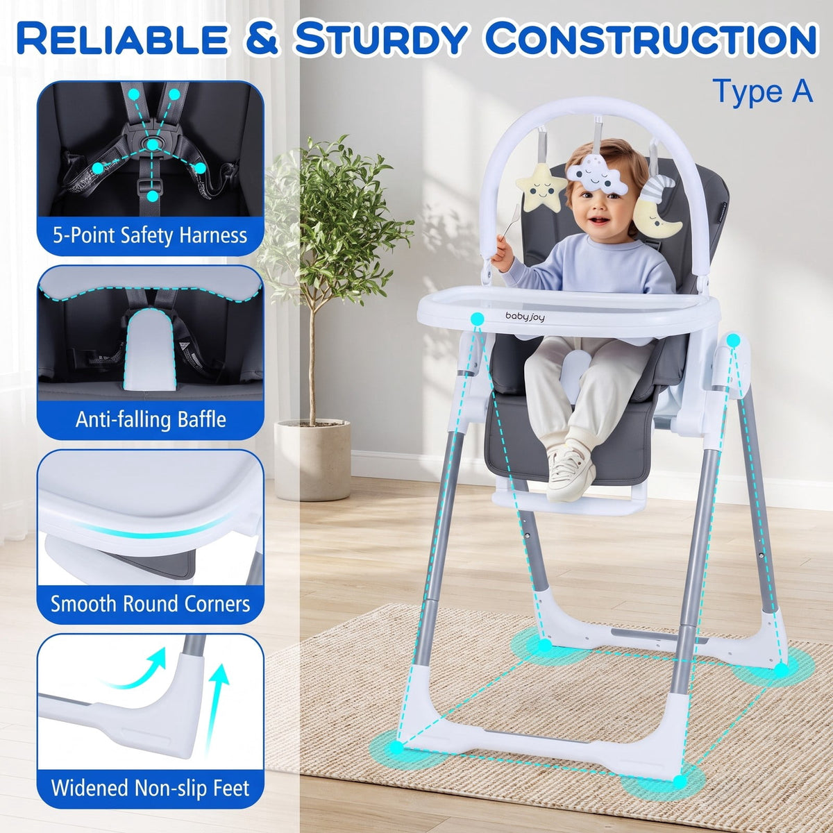 Airfind Foldable Baby High Chair with Adjustable Height and Relining Seat, 15 kg Capacity, Metal PP PU Frame, for 6-36 Months, Dark Gray