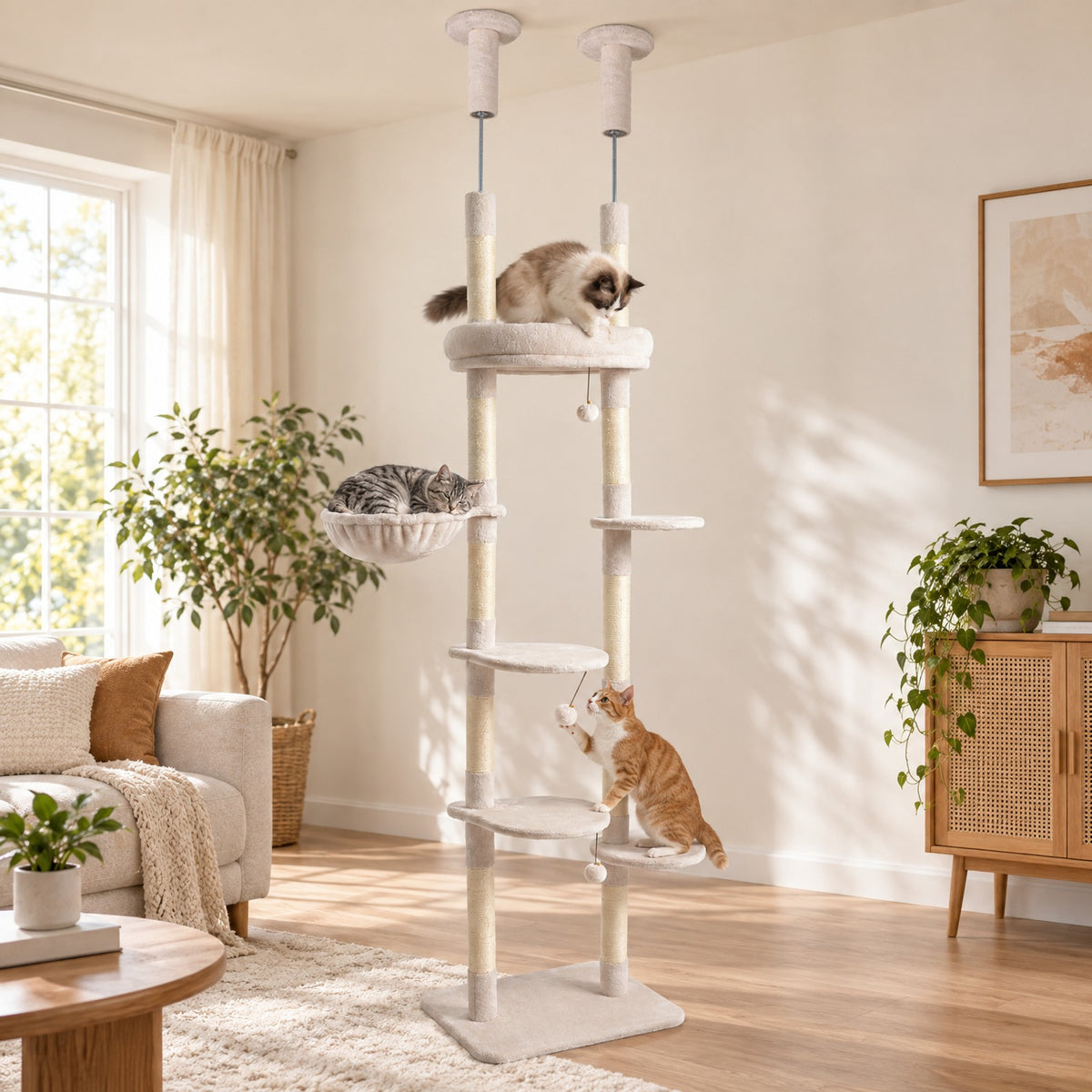 Airfind 6-tier Floor to Ceiling Cat Tree with Plush Bed and Sisal Scratching Posts, 33 kg Capacity, Plywood Plush Metal Sisal Rope Frame, Beige