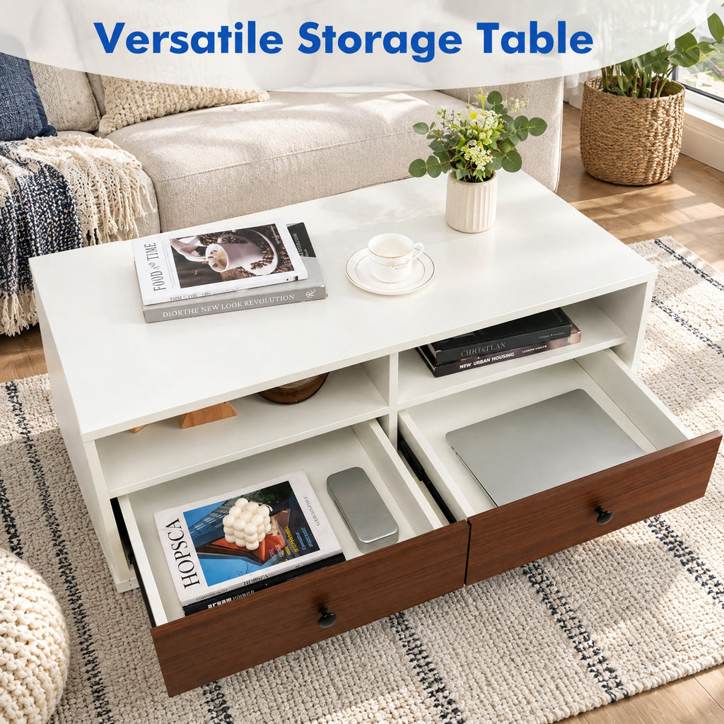Airfind 2 Tier 40 Inch Length Modern Rectangle Coffee Table with Storage Shelf and Drawers, 200 lbs Capacity, Engineered Wood MDF Frame, White