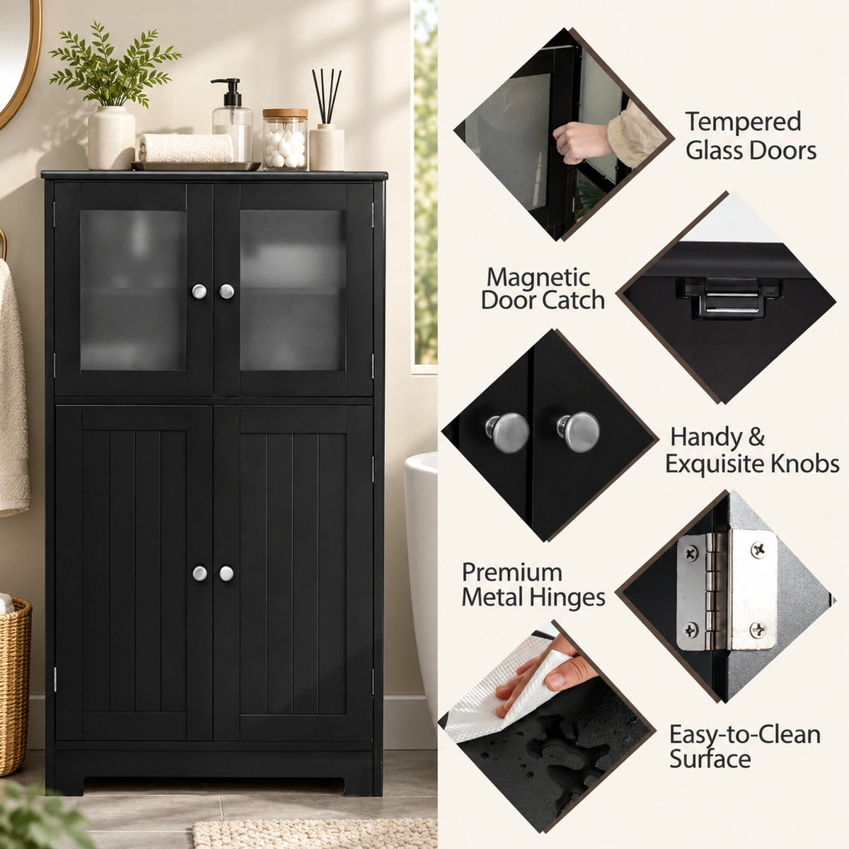 Airfind Bathroom Floor Storage Locker Kitchen Cabinet with Doors and Adjustable Shelf, MDF Frame, 23 x 12 x 43 inch Footprint, Black