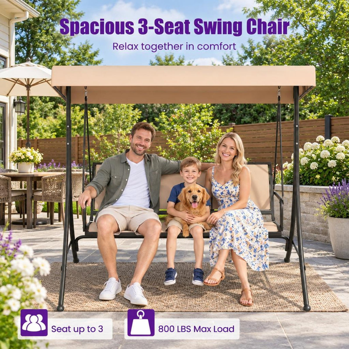Airfind 3-Seat Patio Swing Chair with Adjustable Canopy, 800 lbs Capacity, Metal Frame, 75 Inch x 48 Inch x 67 Inch Footprint, Beige