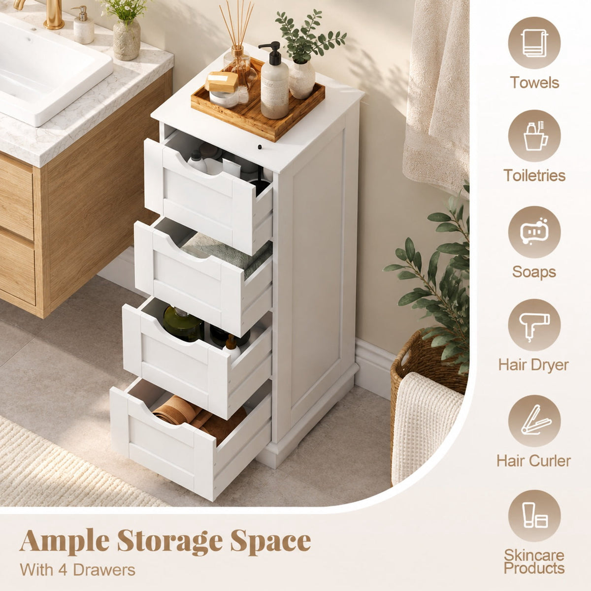 Airfind Bathroom Storage Cabinet featuring Cutout Handles and 4 Drawers, 33 lbs Capacity, MDF Frame, 12 Inch x 12 Inch x 32 Inch Footprint, White