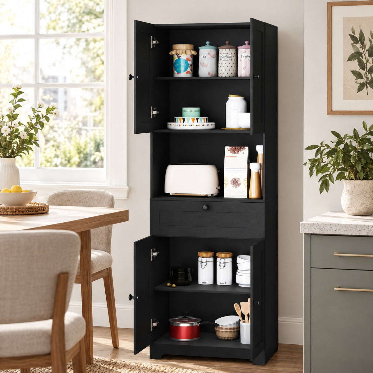 Airfind 67.5 Inch Tall Modern Freestanding Floor Storage Cabinet with 4 Doors and 1 Drawer, 243 lbs Capacity, MDF Engineered Wood Frame, Black