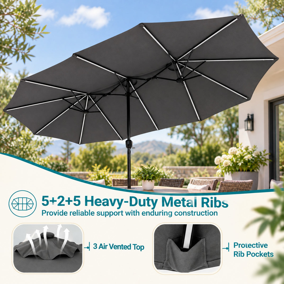 Airfind 15.5FT Extra-Large Patio Umbrella with Base 12 Reinforced Ribs, 180G Polyester Fabric Metal External Frame, Gray