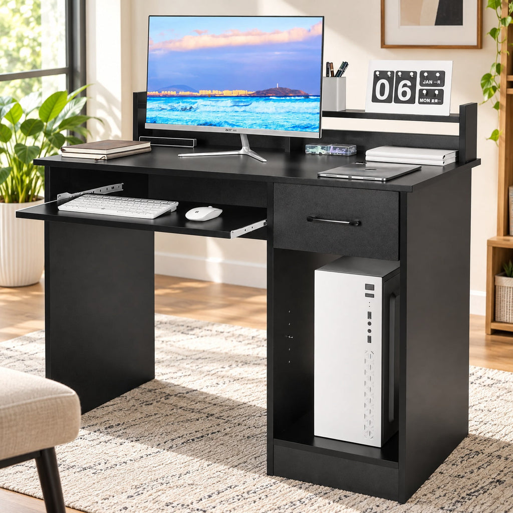 Airfind Study Laptop Table with Drawer and Keyboard Tray, 201 lbs Capacity, Engineered Wood MDF Frame, Black