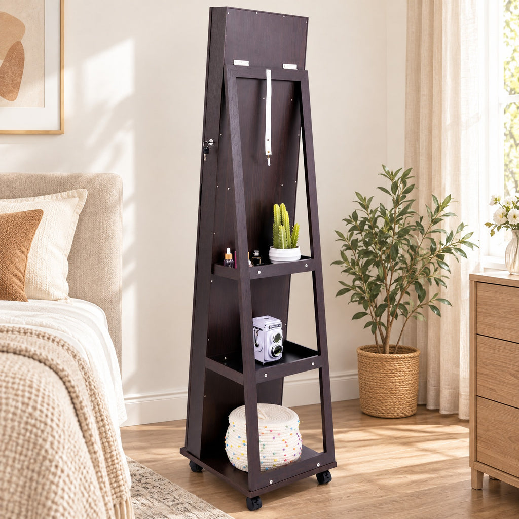 Airfind 64 Inches Lockable Jewelry Cabinet Armoire with Built-in Makeup Mirror, MDF Glass Acrylic Frame, 15.5in x 15in x 64in Full-Length Footprint