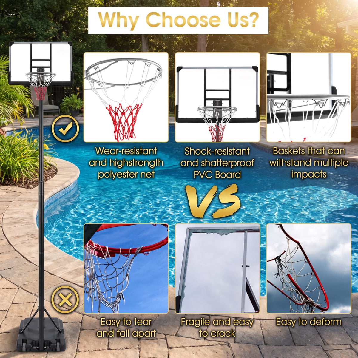 Airfind Portable Basketball Hoop with 5.4 to 6.6 Foot Adjustable Height 50 Inch Shatterproof Backboard and Fillable Base for Backyard Poolside, Black
