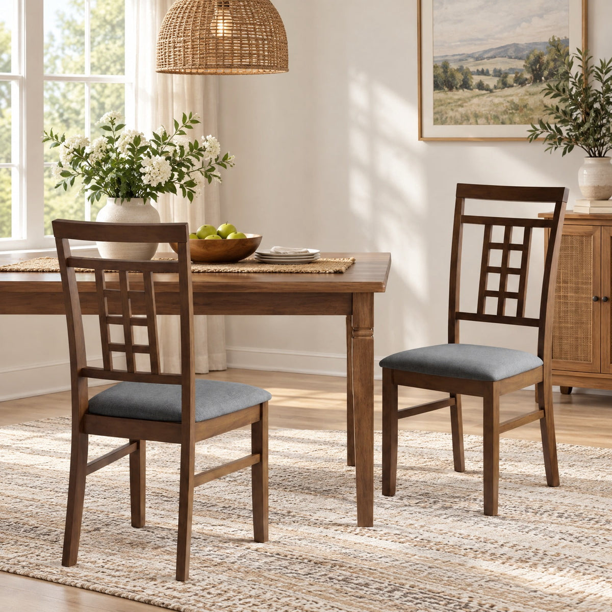Airfind Rubber Wood Dining Chairs Set of 2 with Lattice Back, Chair 330 lbs Capacity, Rubber Wood Linen Fabric Sponge Frame, Brown