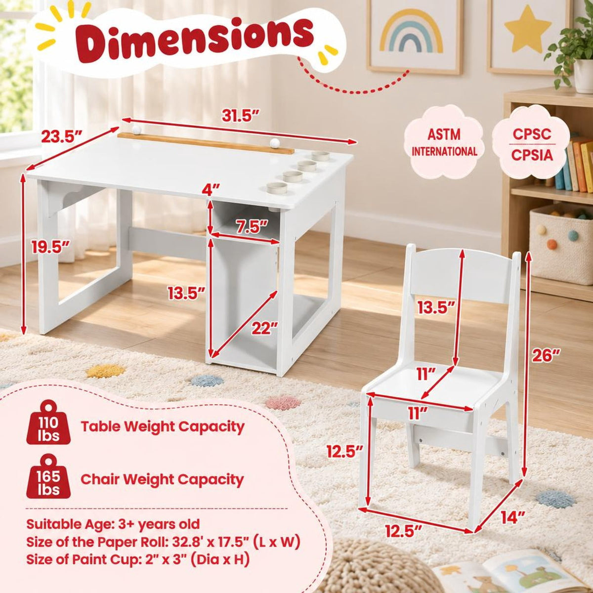 Airfind Kids Art Table and Chair Set Toddler Craft Drawing Desk, 110 lbs Capacity, MDF Pine Wood Frame, 31.5 x 23.5 x 19.5 Footprint, White