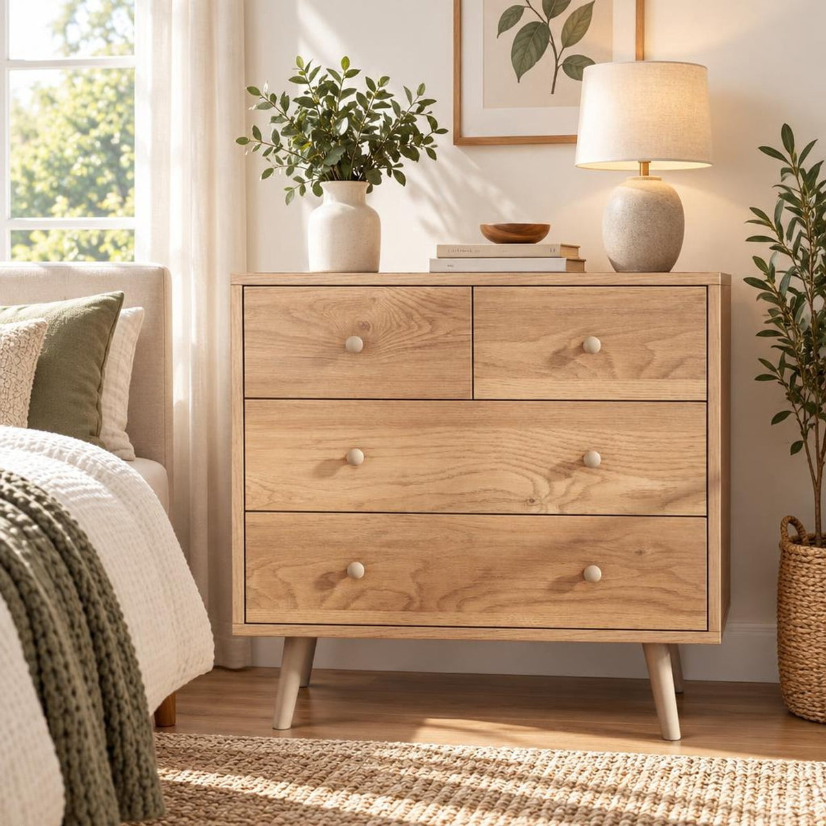 Airfind Wide Wooden Dresser with 4 Drawers for Bedroom Living Room, 110 Lbs Capacity, Engineered Wood Mdf, 31.5 Inch X 15.5 Inch X 30 Inch, Natural