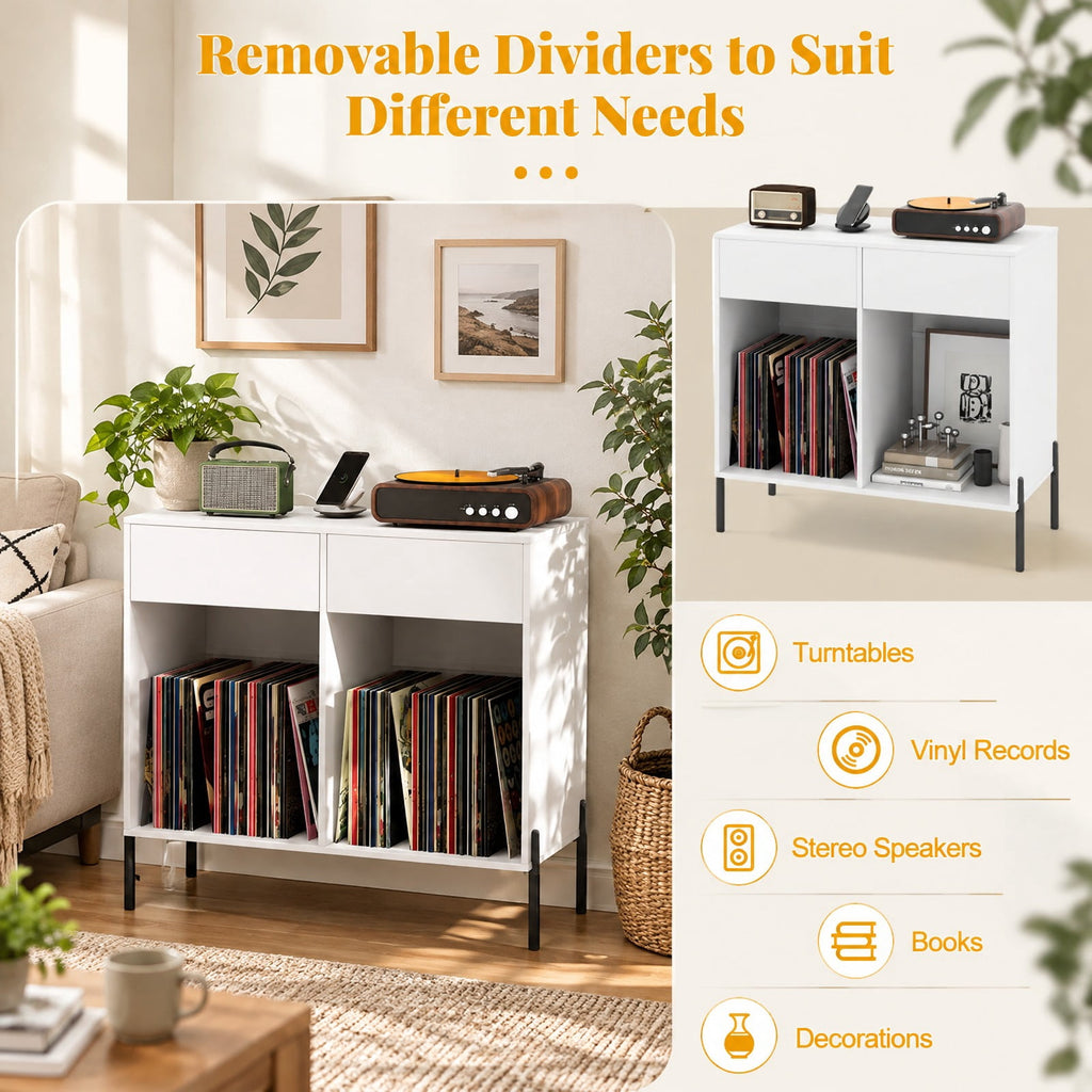 Airfind Record Player Stand with Power Outlets Double Wide Turntable Stand Vinyl Record Storage Table, 220 lbs Capacity, Engineered Wood Metal Frame