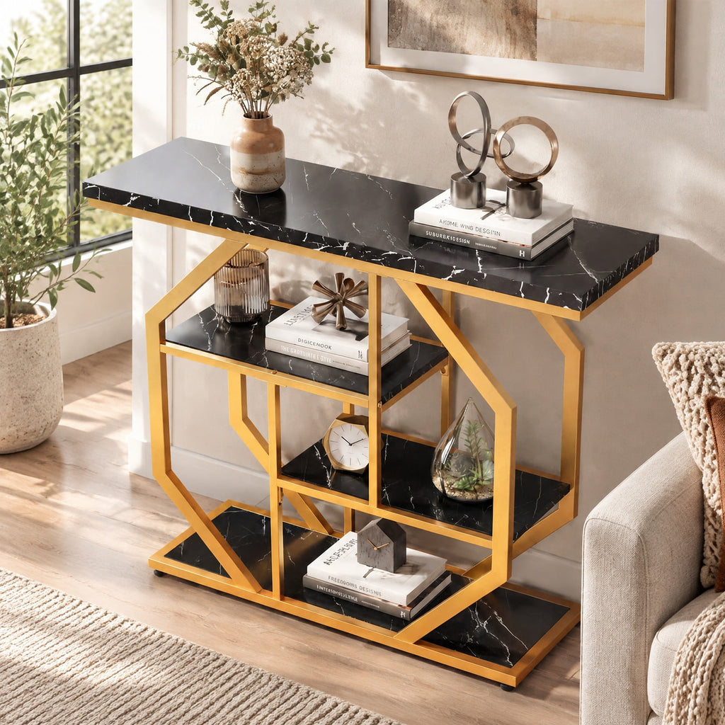 Airfind Modern Sofa Table Behind Couch 4-Tier Console Table with Faux Marble Tabletop, 110 lbs Capacity, MDF Metal Frame, Black