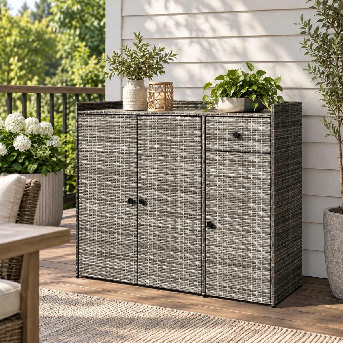 Airfind 3 Doors Outdoor PE Wicker Storage Cabinet for Deck, 110 lbs Capacity, PE Rattan Metal Frame, 48 x 17 x 40 Footprint, Gray