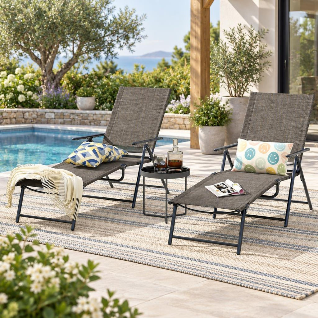 Airfind 2 Piece Patio Folding Chaise Lounge Chairs Recliner with 6-Level Backrest, 61-74.5 x 25 x 25.5-40Folding Footprint, Coffee