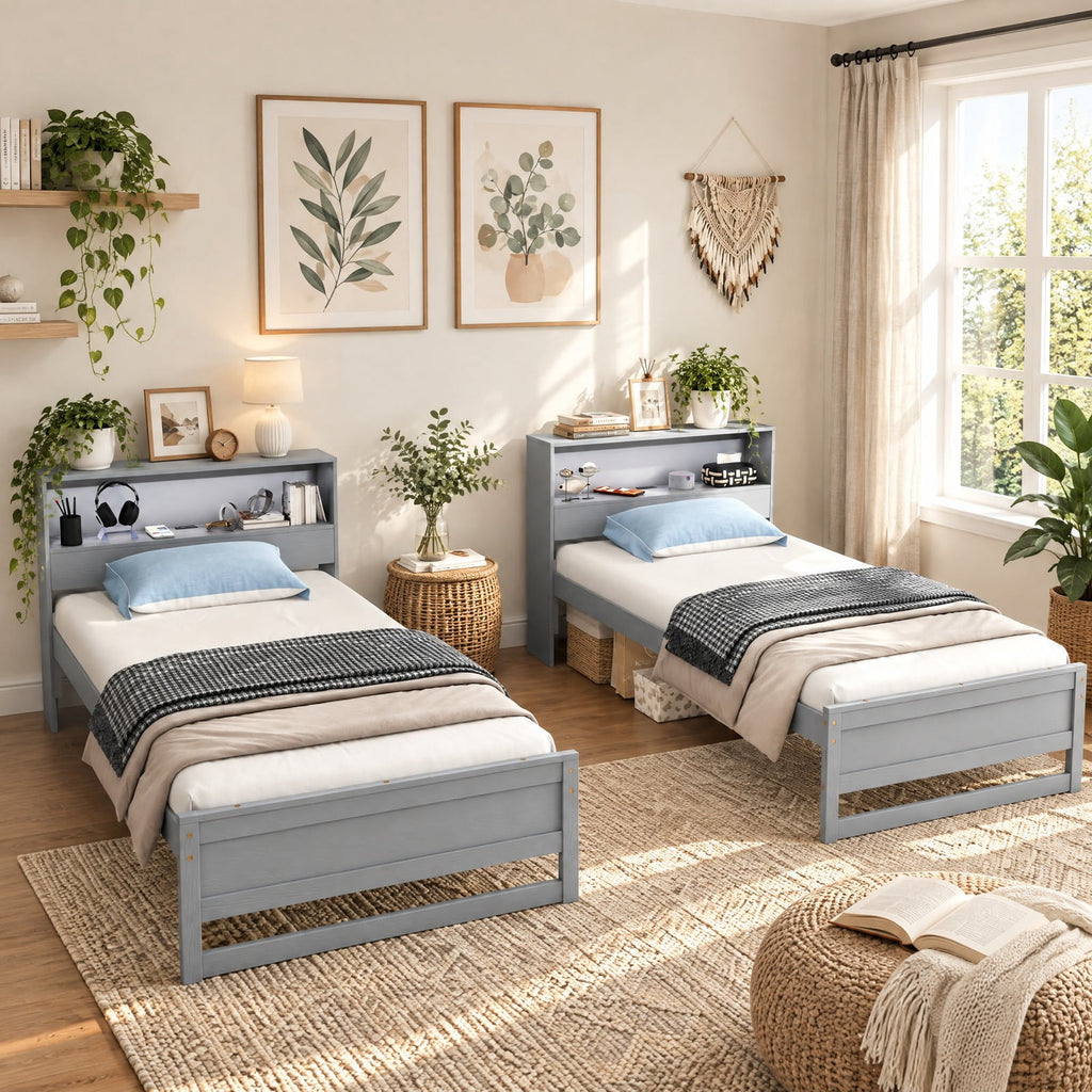 Airfind Twin Size Bed Frame with Storage Headboard and Charging Station, 200 lbs Capacity, Plywood Pine Wood MDF Engineered Wood Frame, Gray