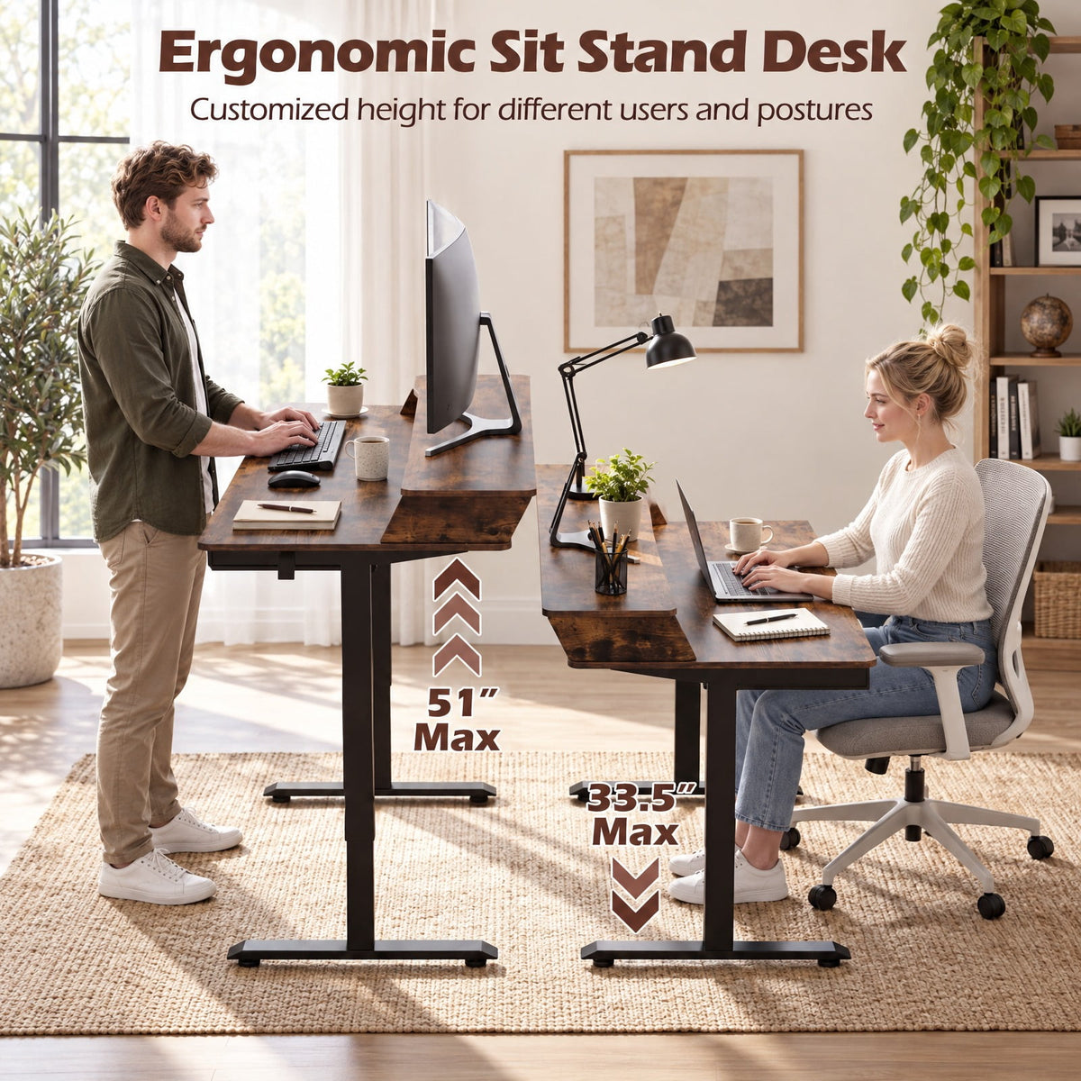 Airfind 55 Inch x 27 Inch Electric Standing Desk with Drawers, Engineered Wood Metal Fabric Frame, 55 Inch x 27 Inch x 33.5 Inch -51 Inch Footprint, Brown
