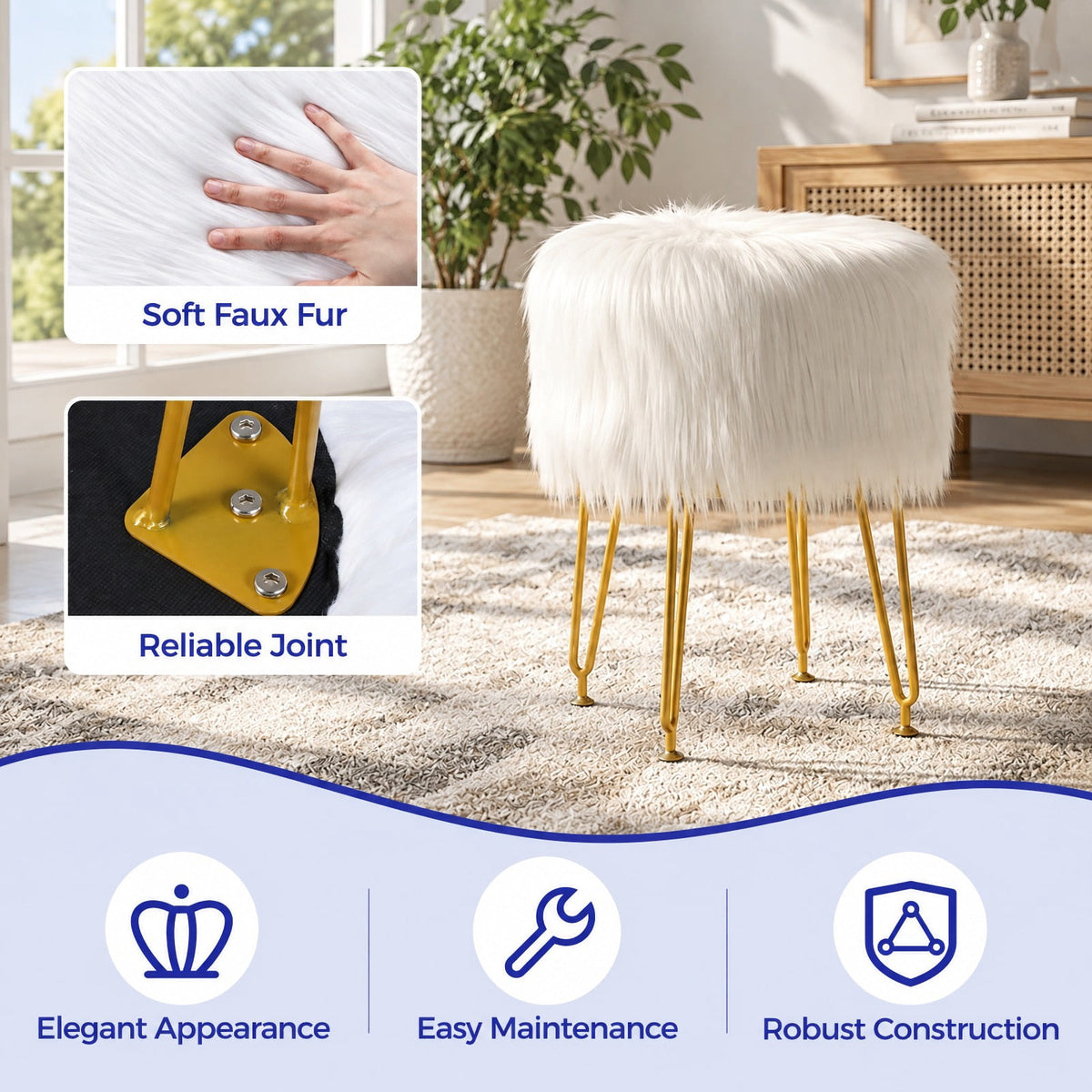 Airfind Faux Fur Vanity Stool Chair with Metal Legs for Bedroom and Living Room, 330 lbs Capacity, Faux Fur Sponge Metal MDF Plywood Frame, White