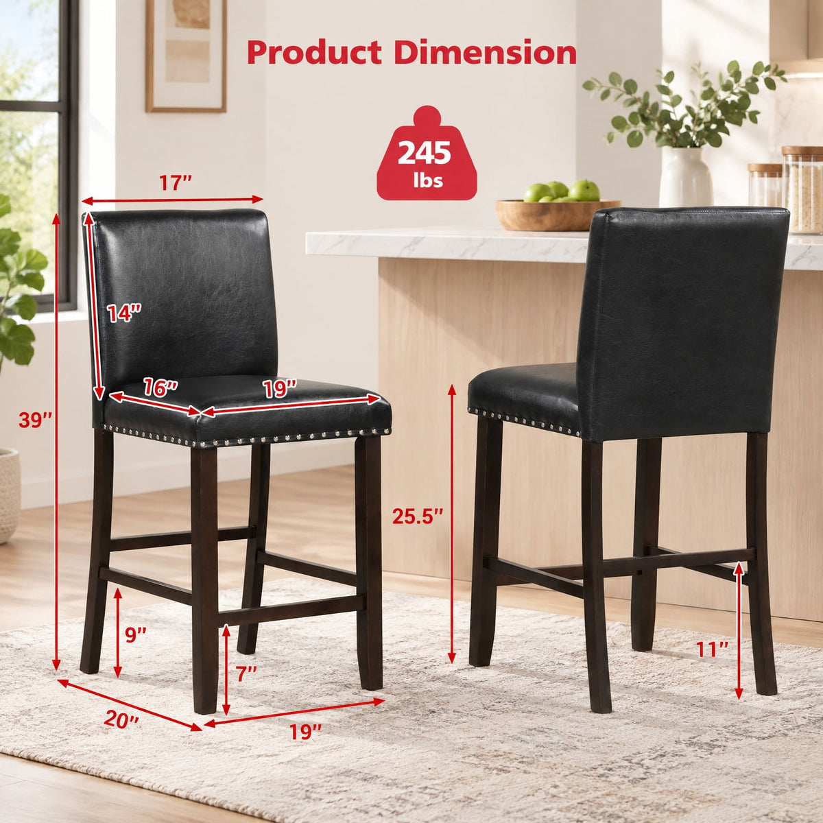 Airfind Set of 2 PVC Leather Bar Stools with Back for Kitchen Island, 245 lbs Capacity, Linen fabric(Gray)/PVC Leather(Black) LVL Frame