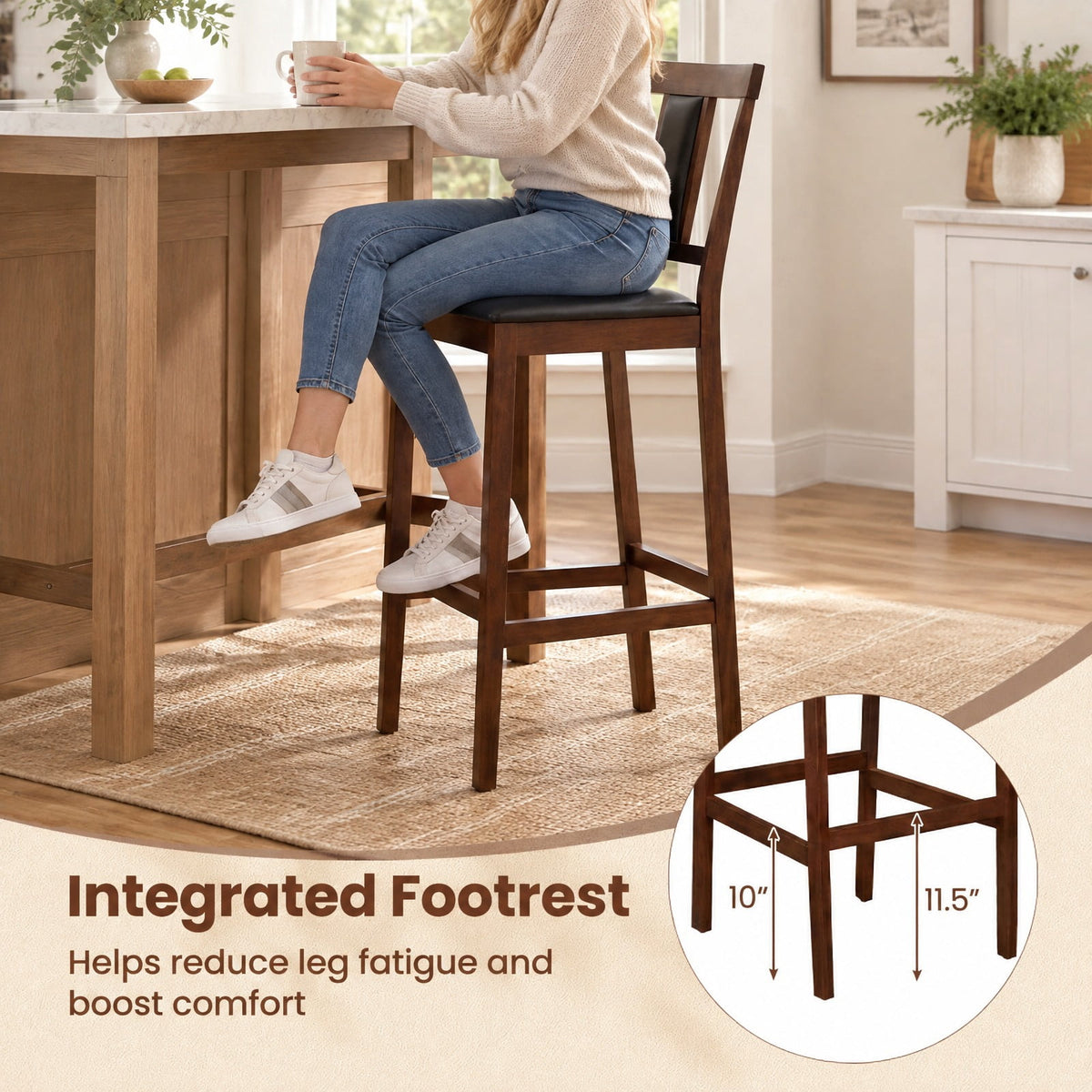 Airfind Set of 2 Upholstered Barstool 29.5 Inch Bar Height with Solid Rubber Wood Frame, 300 lbs Capacity, Walnut