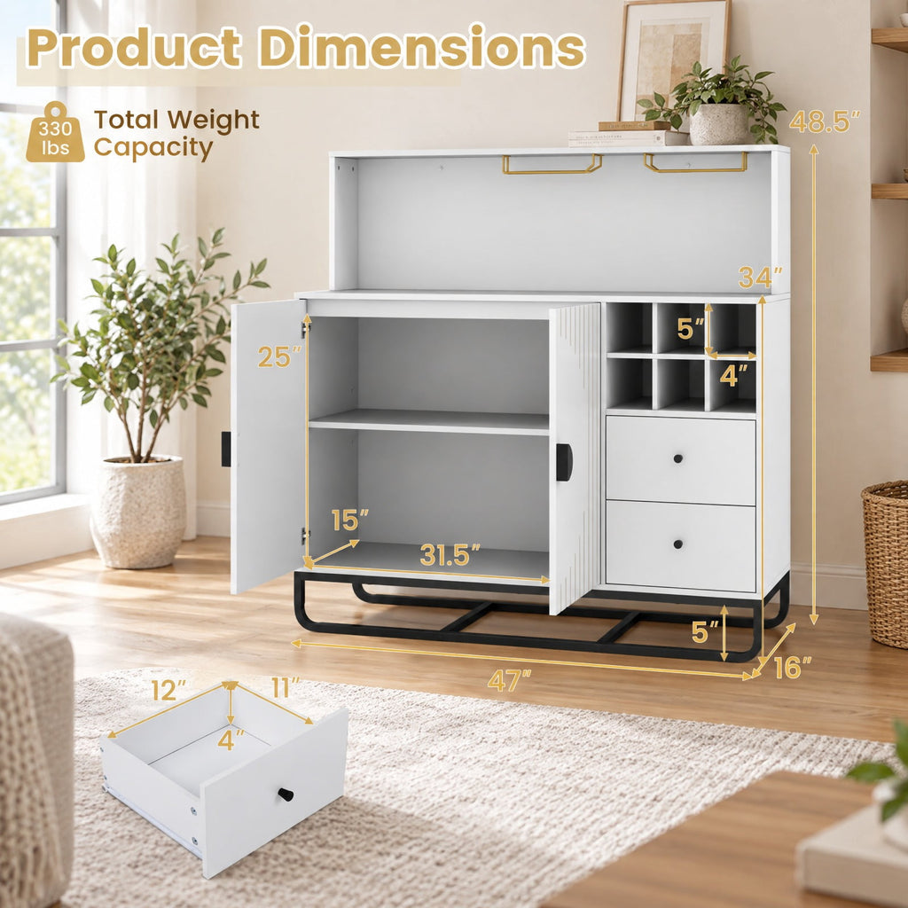 Airfind Home Bar Cabinet with Wine Rack Glass Holder and Adjustable Shelf, 47 Inch x 16 Inch x 48.5 Inch Inner Footprint, White