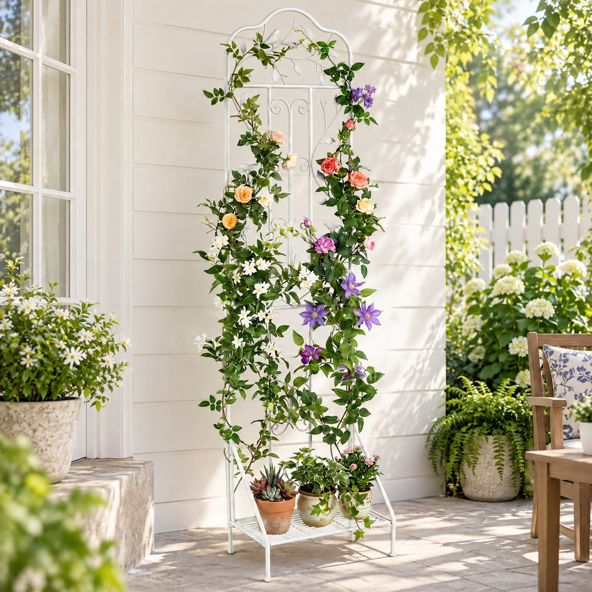 Airfind 75 x 20 Inch Outdoor Metal Garden Trellis with Foldable Bottom Shelf, 33 lbs Capacity, Metal Frame, 20 x 12 x 75 Footprint, White