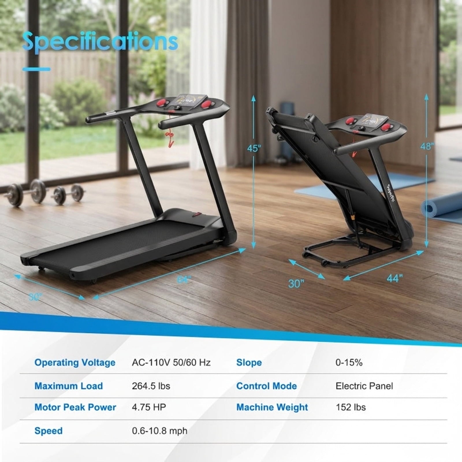 Airfind 4.75HP Folding Cardio Treadmill, Black