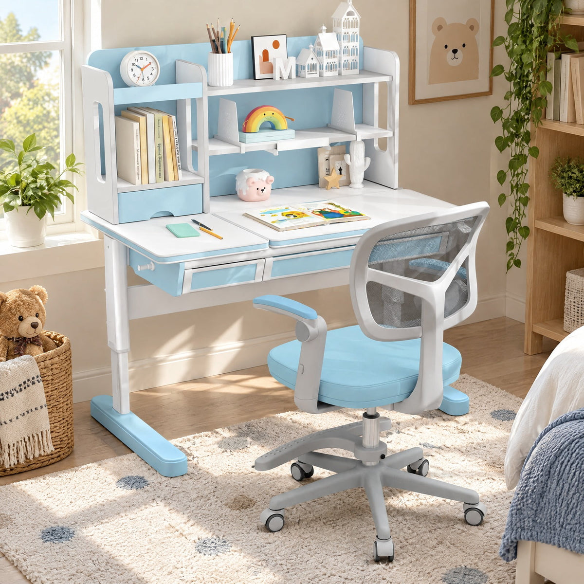 Airfind Kids Desk Chair Children Study Chair with Adjustable Height Armrest and Footrest, 330 lbs Capacity, PU Frame, Blue
