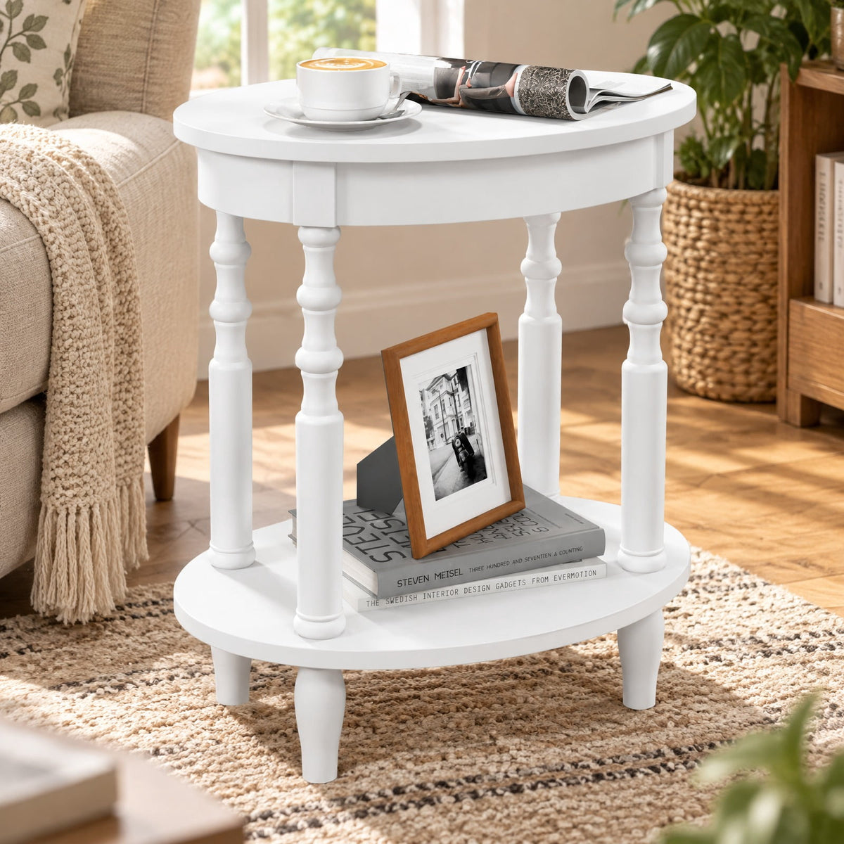 Airfind 2-Tier Oval Side Table with Storage Shelf and Solid Wood Legs, 245 lbs Capacity, MDF Rubber Wood Frame, White