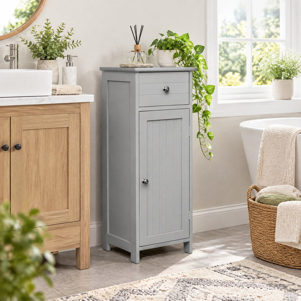 Airfind Wooden Bathroom Floor Storage Cabinet with Drawer and Shelf, 22 lbs Capacity, MDF Frame, 14 Inch x 12 Inch x 34.5 Inch Footprint, Gray