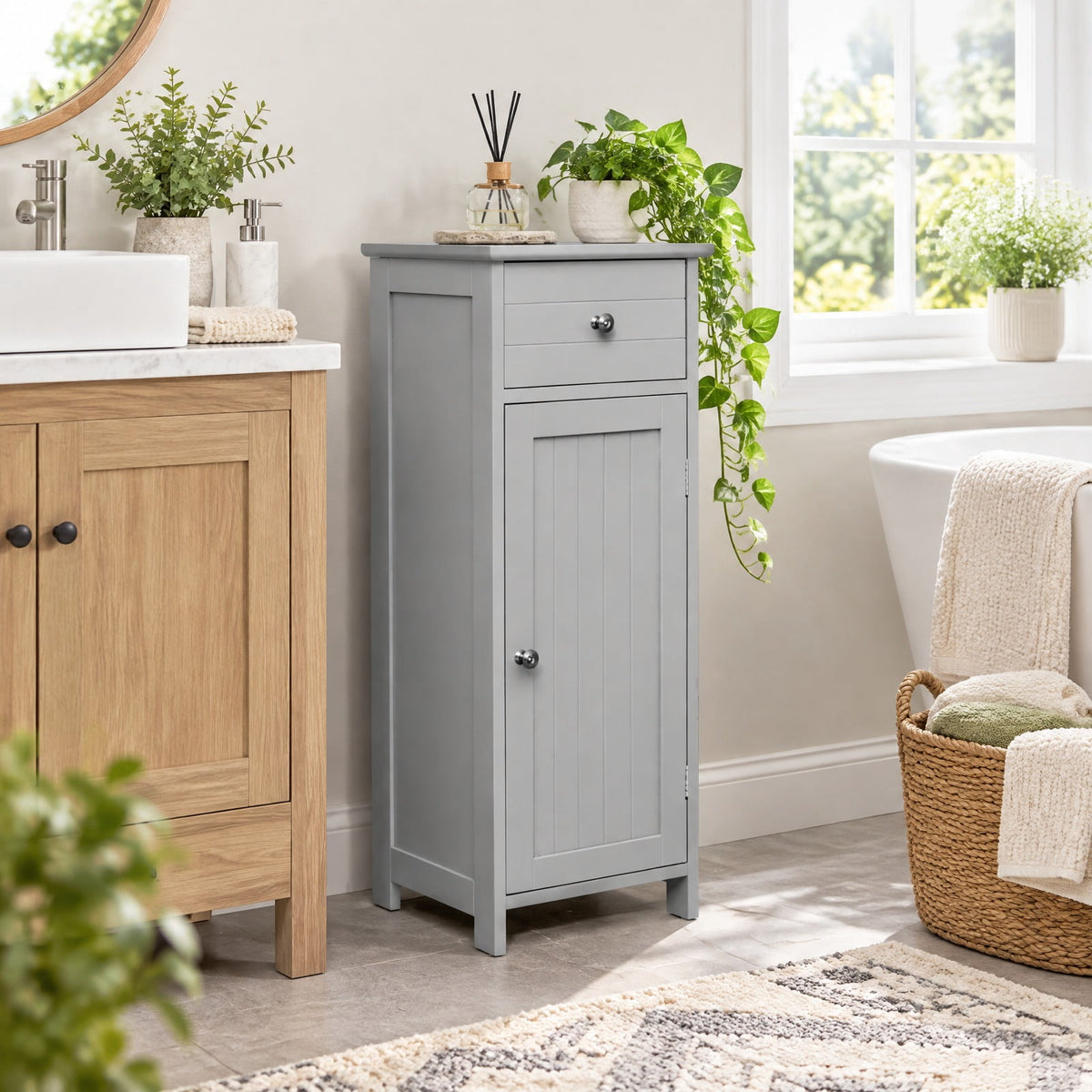 Airfind Wooden Bathroom Floor Storage Cabinet with Drawer and Shelf, 22 lbs Capacity, MDF Frame, 14 Inch x 12 Inch x 34.5 Inch Footprint, Gray