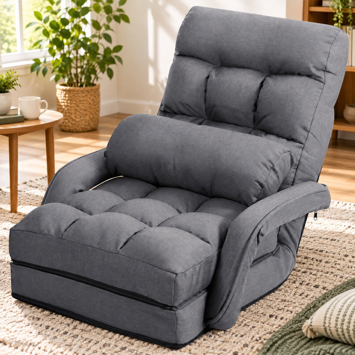 Airfind Folding Lazy Floor Chair Sofa with Armrests and Pillow, Linen-like cloth steel sponge Frame, 22in x 26in x 29in Footprint, Gray