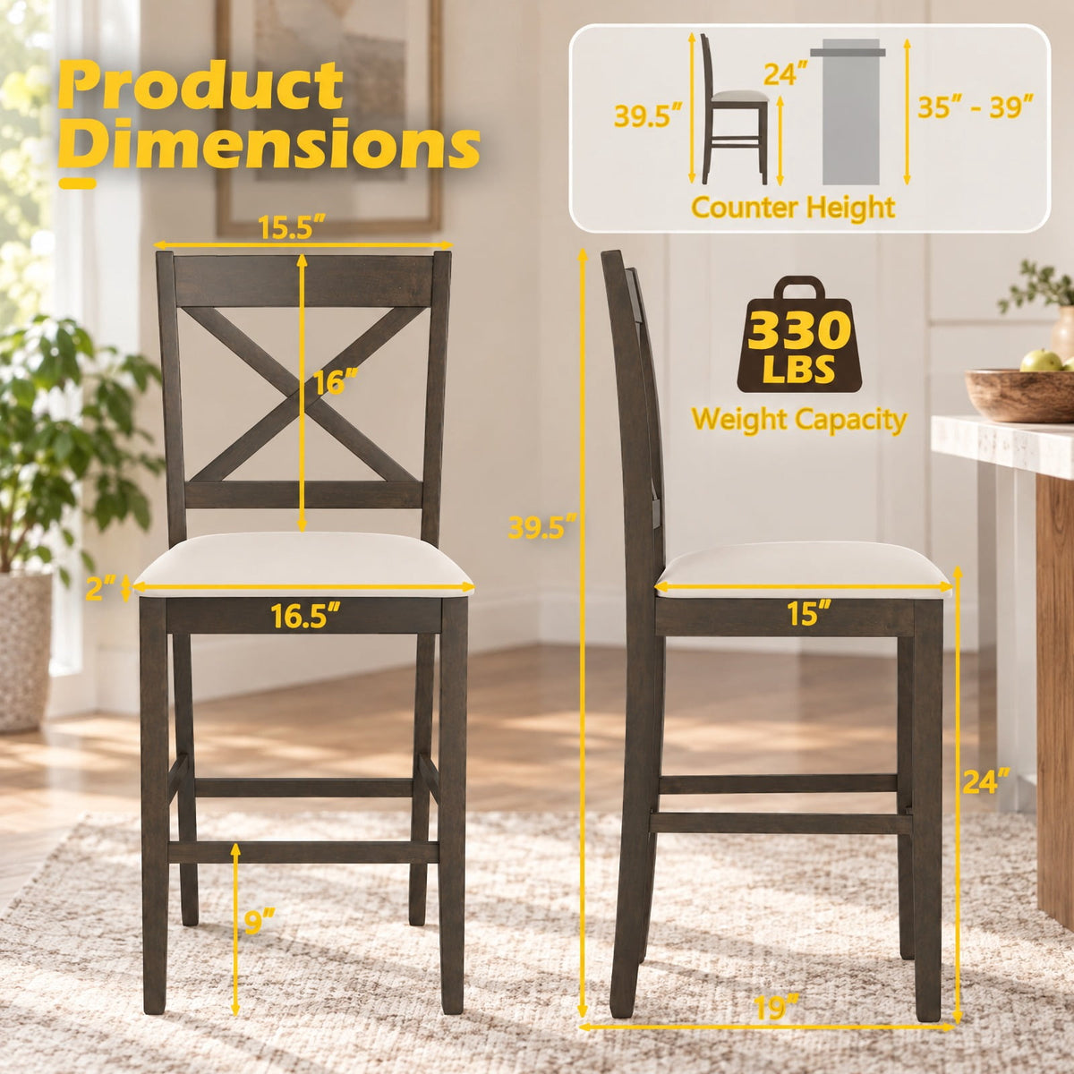 Airfind Set of 2 X-Back Bar Stools with Upholstered Cushioned Seats, 330 lbs Capacity, Rubber Wood Linen Fabric Sponge Frame, Brown