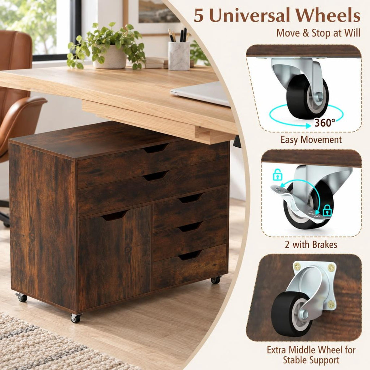 Airfind Modern Vertical 5-Drawer Mobile Chest with Door 5 Casters, 220 lbs Capacity, Engineered Wood MDF Metal Frame, 30.5in x 16in x 25in Footprint