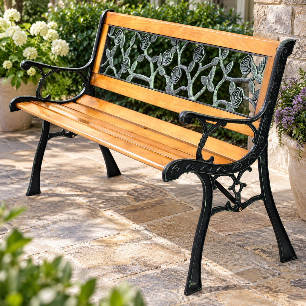 Airfind 49 1/2 Inch Patio Park Garden Porch Chair Bench, 463 lbs Capacity, Cast iron Frame, 49.5 Inch x 20.5 Inch x 29 Inch Product weight: 30 lbs Footprint