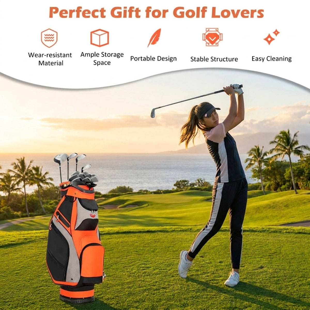 Airfind Golf Cart Bag with 9-Way Top and Insulated Cooler Pocket featuring matching headcovers with a velour-lined valuables pocket for cart-mounted rounds, Red