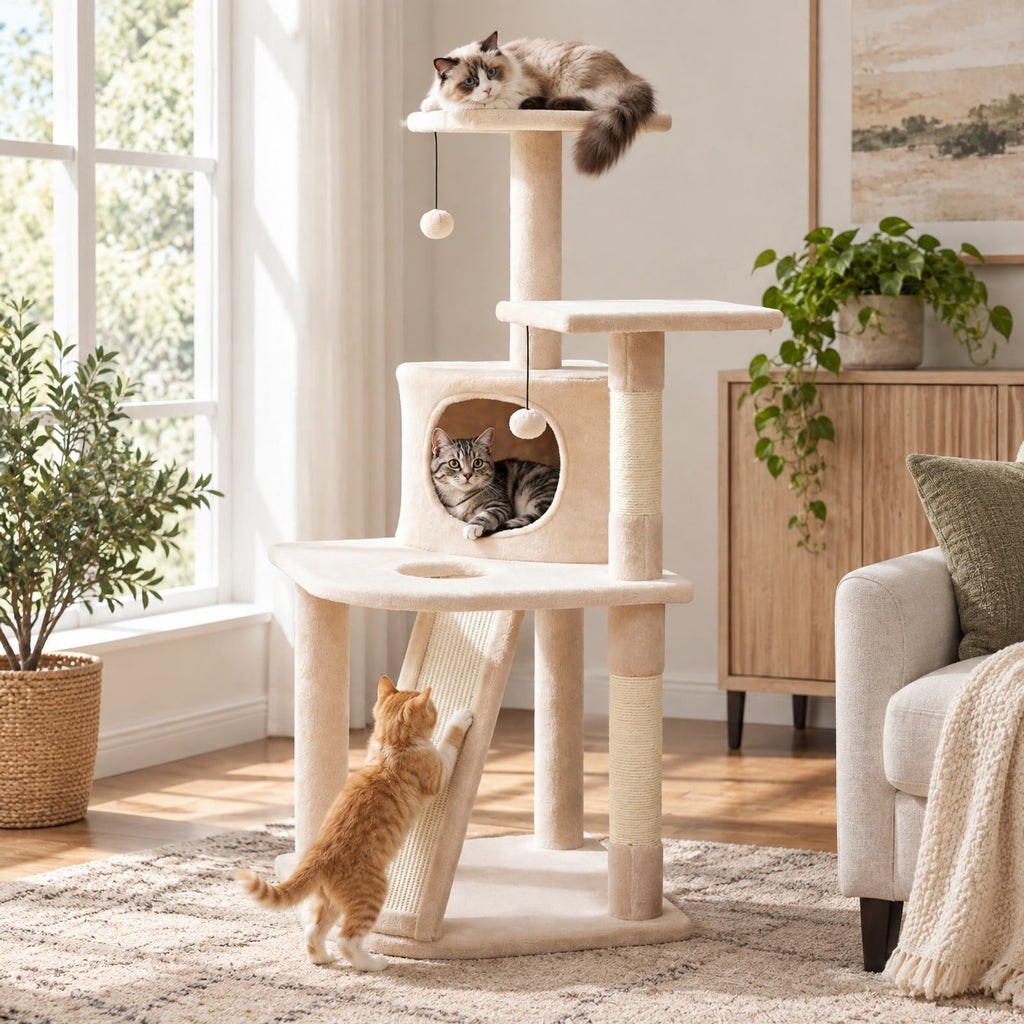 Airfind 44 Inch Tall Kitten Tower with Condo and 2 Plush Perches, 22 lbs Capacity, Engineered Wood Sponge Plush Fabric Sisal Frame, Beige