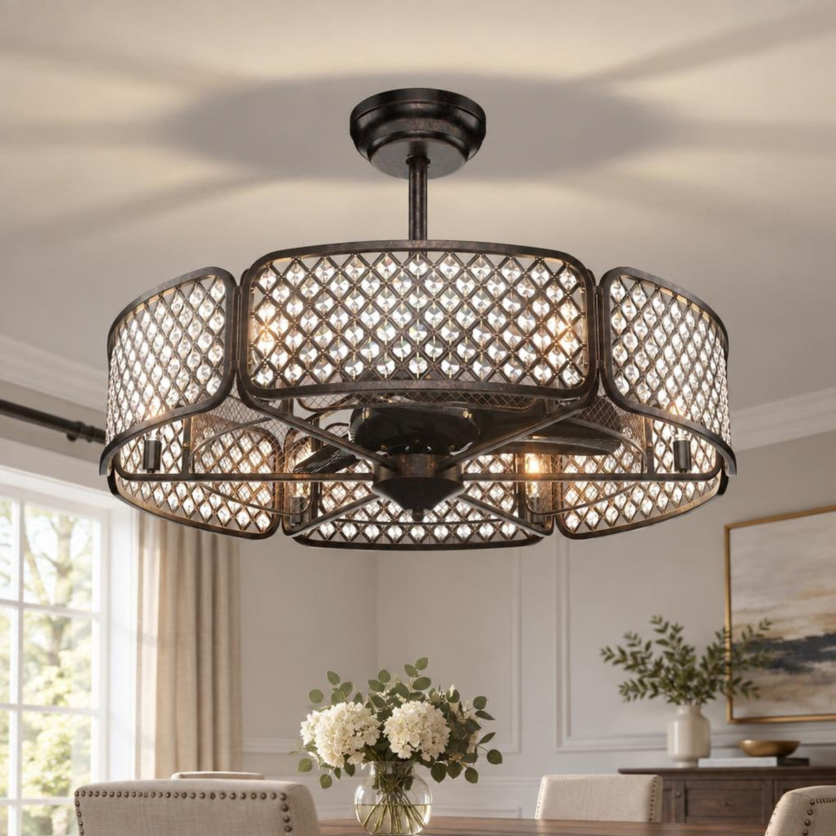 Airfind 30 Inch Caged Ceiling Fan with Light Crystal Lampshade 6 Light Bases, Iron Pp, Overall Dimension 30 Inch X 21 Inch or 31 Inch (d X, Brown