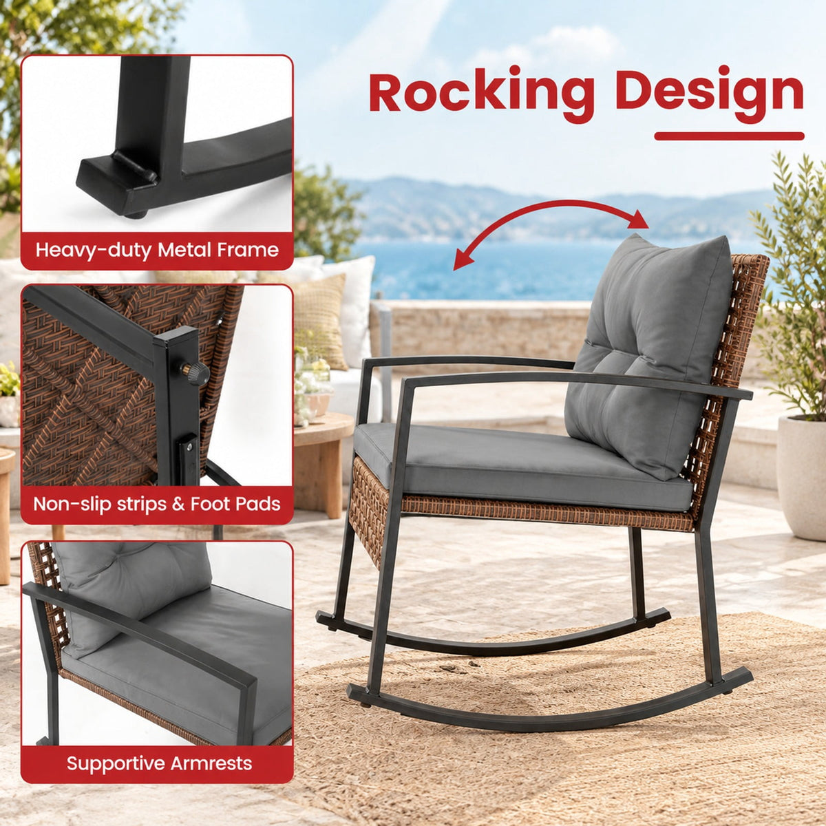Airfind 3-Piece Outdoor Rocking Chair Set, 100 lbs Capacity, PE Rattan Metal Glass Polyester Non-woven Fabric Sponge Frame, Gray