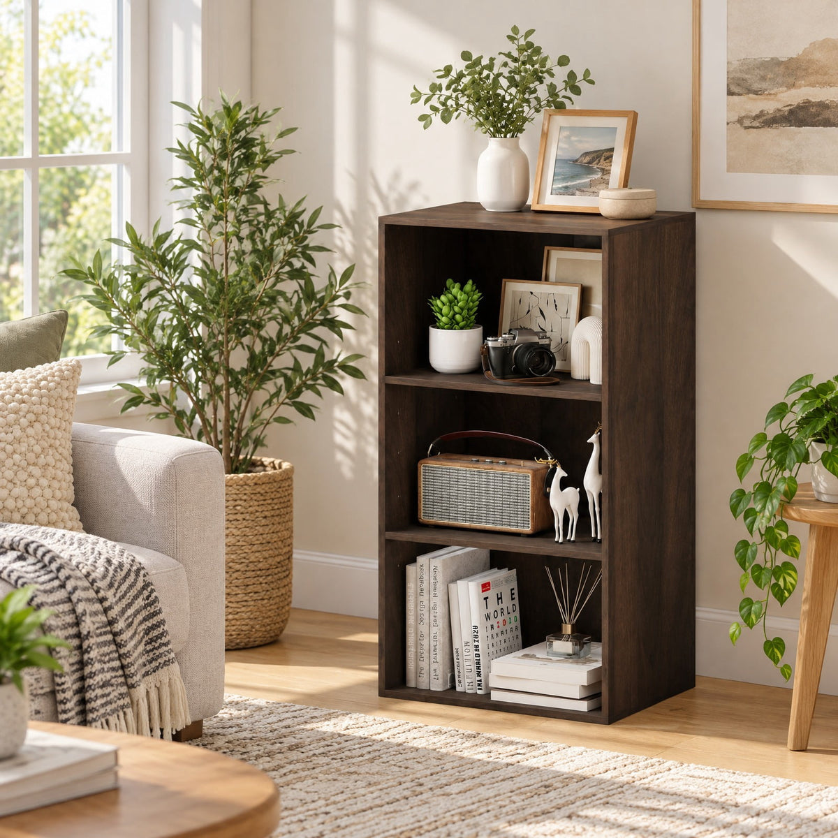 Airfind Bookcase, 3 Open Shelf, Modern Storage Display Cabinet, 55 lbs Capacity, Engineered Wood MDF Frame, 16.5 Inch x 11.5 Inch x 31.5 Inch Footprint, Walnut