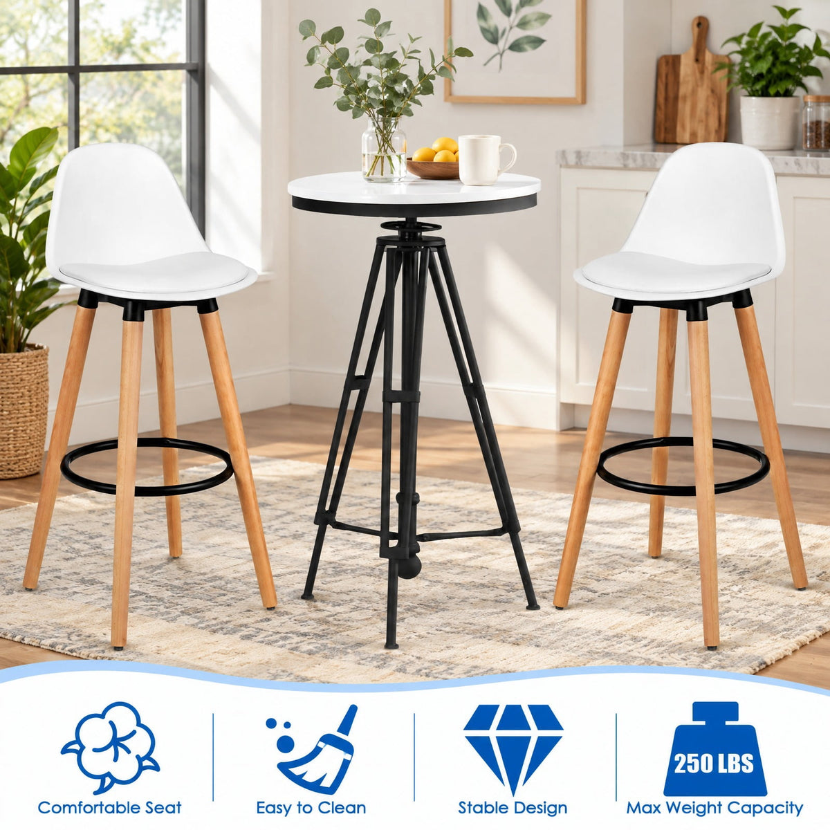 Airfind 2 Pieces Mid Century Barstool 28.5 Inches Dining Pub Chair, 250 lbs Capacity, Metal beech wood PU PP Frame, White