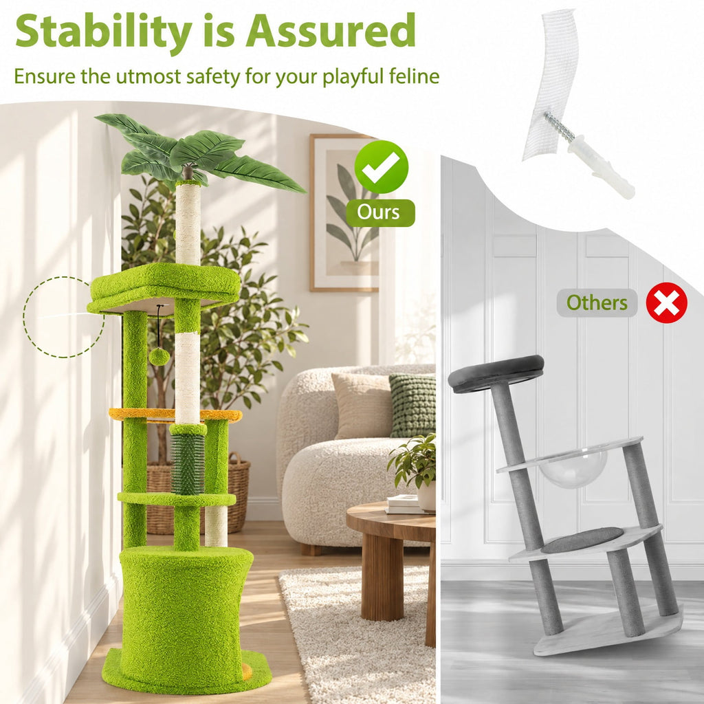 Airfind Cute Cat Tree for Adult Cats Multi-level Kitty Tower, Engineered Wood EVA Sisal Teddy Fleece Product Height 48 Base Frame, Green