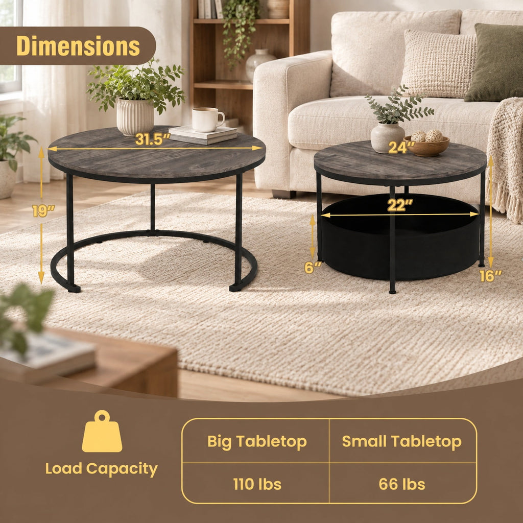 Airfind Round Coffee Table Set of 2 31.5 and 24 Circle Cocktail Table with Fabric Storage Basket, 110 lbs Capacity, 31.5 x 19 Footprint, Gray