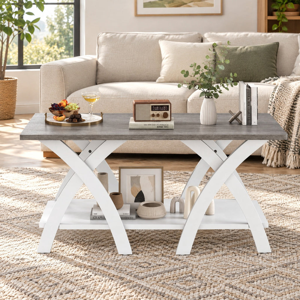 Airfind 40 Inch Farmhouse Wooden Coffee Table with Storage Shelf with X-shaped Legs, 155 lbs Capacity, Rubber Wood Plywood MDF Frame, Gray