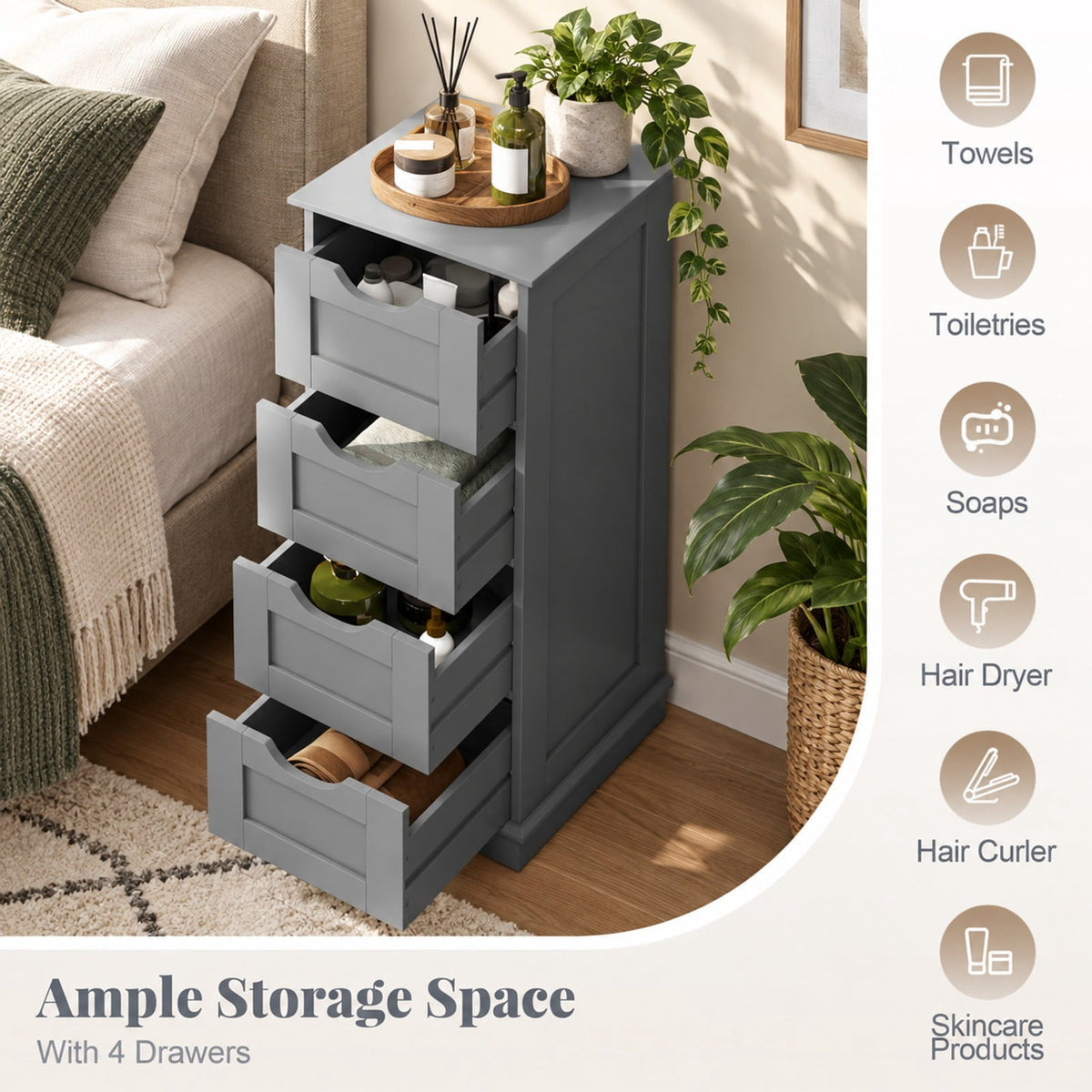 Airfind Bathroom Storage Cabinet, with Cutout Handles and 4 Drawers, 33 lbs Capacity, MDF Frame, 12 Inch x 12 Inch x 32 Inch Footprint, Gray